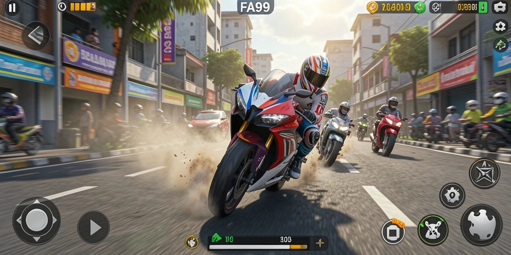 Screenshot gameplay FA99 menampilkan aksi balapan motor yang memukau.