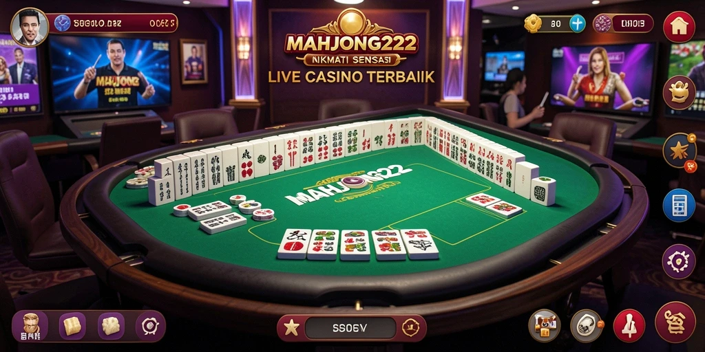 Screenshot gameplay MAHJONG222 menampilkan dealer langsung dan suasana kasino yang nyata.