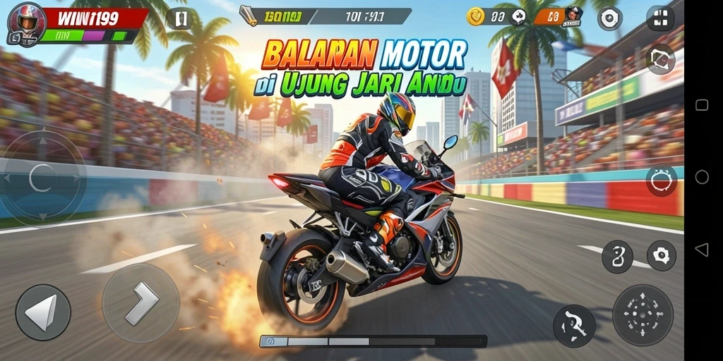 Tampilan gameplay menegangkan dalam balapan motor yang seru.